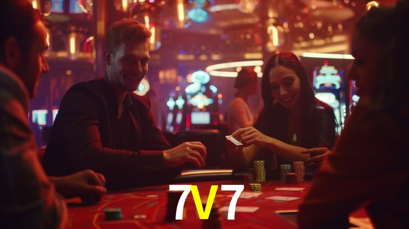 Una escena digital vívida inspirada en casino con 7V7 mostrado prominentemente, luces brillantes, fichas, cartas y acentos dorados.