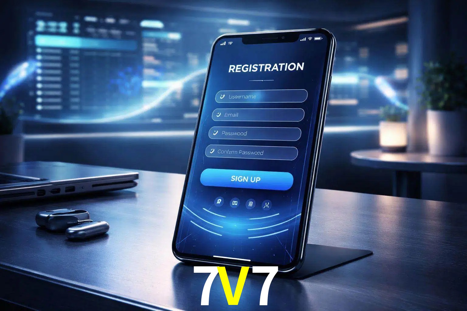 Una interfaz moderna de registro móvil para 7V7 mostrada en un smartphone con un panel de apuestas elegante.